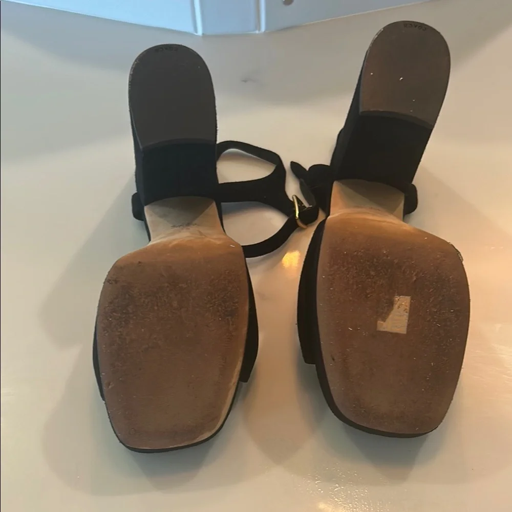 Coach Black Suede Platform Sandals with Gold Chain Accent